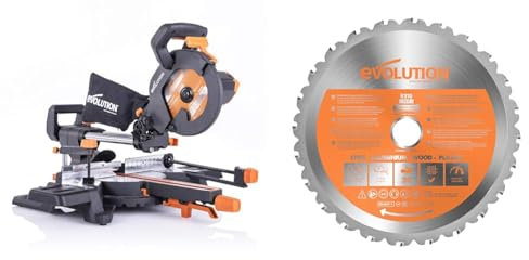Evolution Power Tools - Scie à Onglets Coulissante Multi-Matériaux R210SMS-300+ avec le Pack Plus, 210 mm (230 V) & Power Tools - Lame Polyvalente en Carbure de Tungstène Rage, 210 mm Orange