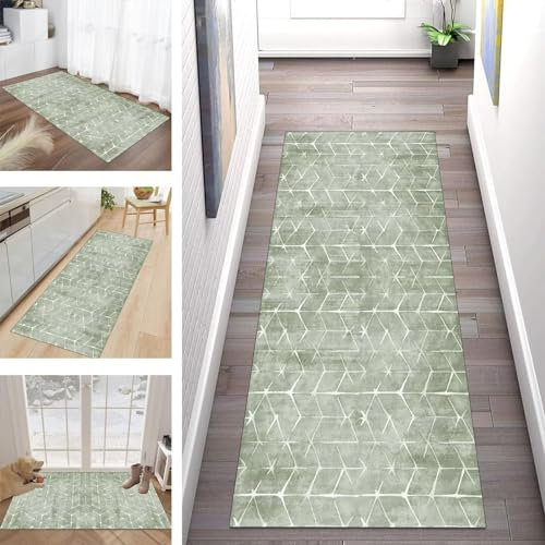 Buatisf Teppich Läufer Flur Küche, Waschbar Kücheteppich rutschfest Grün Flurläufer Lange Küchenläufer für Korridor Schlafzimmer, Modern Polyester Teppichläufer auf Maß Meterware