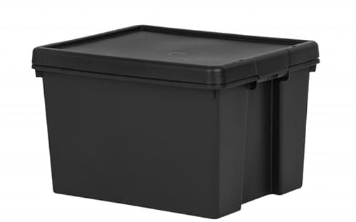 45L Heavy Duty Storage Boxes with Lids, 100% Recycled Plastic, Stackable Nestable Durable Strong Lid snaps into place and features holes to add tie-wraps for added security for Home & Office Storage