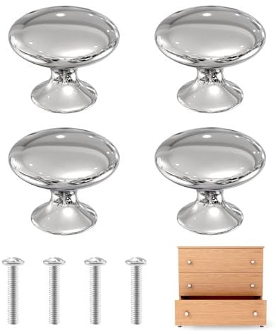 4 Silver Cabinet Door Knobs, Cupboard Door Handles Polished Chrome Door Knob 30mm Round Mushroom Pull Handle with 4 Screws for Cabinet Cupboard Wardrobe Drawer Bedroom Bathroom Racks Furniture