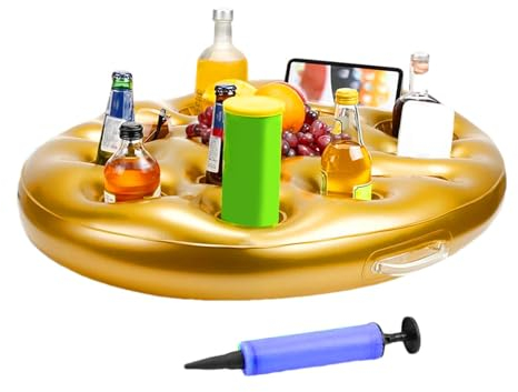 Vassoio galleggiante portabevande per piscina, vassoio galleggiante a 9 fori con grande capacità, vassoio galleggiante dorato con pompa, galleggiante portatile per