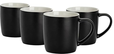 Argon Tableware Coloured Coffee Mugs - Matte Black - 350ml - Pack of 4 - Matt Ceramic Stoneware Tea Mugs Latte Cappuccino Cups Hot Chocolate Cups Colourful Mug Set with Handle