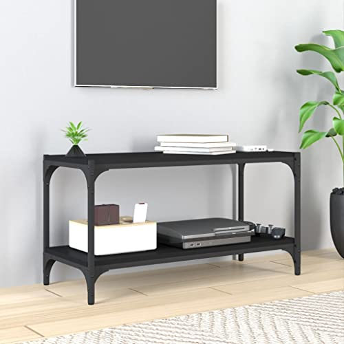 OHOOWOO Meuble TV Noir 80x33x41 cm Bois d'ingénierie et Acier,Meuble TV Industriel en Bois avec Rangement pour Salon Noir Meubles TV