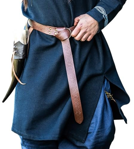 Leonardo Carbone® Unisex Wikinger Lederringgürtel mit keltischer Prägung Kendell - Ledergürtel Herren, Mittelalter Kleidung, Gürtel Damen, LARP, Karneval, Cosplay, Hobbit - 100% Echtleder Braun