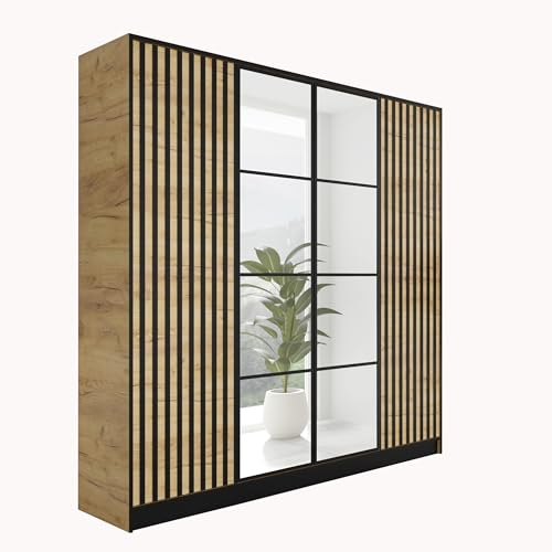 KIER FURNITURE Kleiderschrank mit Spiegel - Garderobenschrank mit Push to Open Türöffner - Schrank mit Ausziehbare Kleiderstange - Eden - 206,4x205x39cm - Craft Eiche