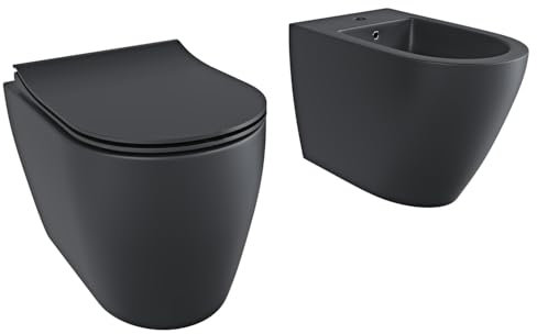 Coppia Sanitari Filomuro Filo Muro Filo Parete Vaso WC E Bidet Design Moderno In Ceramica Con Copriwater Chiusura Soft Close Chiusura Rallentata (Nero Opaco)