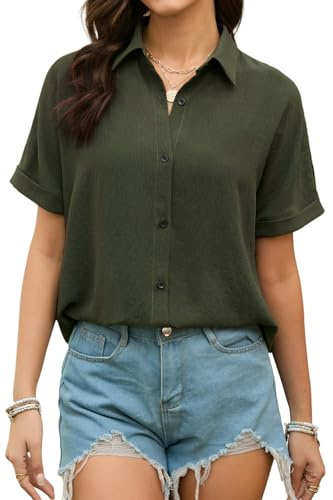 Stamain Women Shirts Short Sleeve Blouses Summer Casual Shirts for Women UK Button Down Loose Fit Ladies Solid Color Blouse