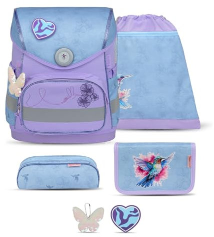 Belmil Compact mit Patches Schulranzen Set 5-teilig mit Brustgurt (405-41/AG/B/S) (Tropical Hummingbird)