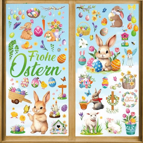 DPKOW 9 x Frohe Ostern Fensterbilder, Deutsch Ostern Fensteraufkleber Selbstklebend für Ostern Deko Fenster Hause, Ostern Fenstersticker Deko Ostereier Hase Küken Lamm Blumen Engel, Original Lustige