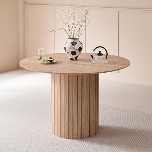 GrandCA HOME Runder Esstisch, moderner Küchentisch 120cm, Esszimmertisch mit rundem Holzsockel, große MDF-Arbeitsfläche für 4-6 Personen, Hellbraun