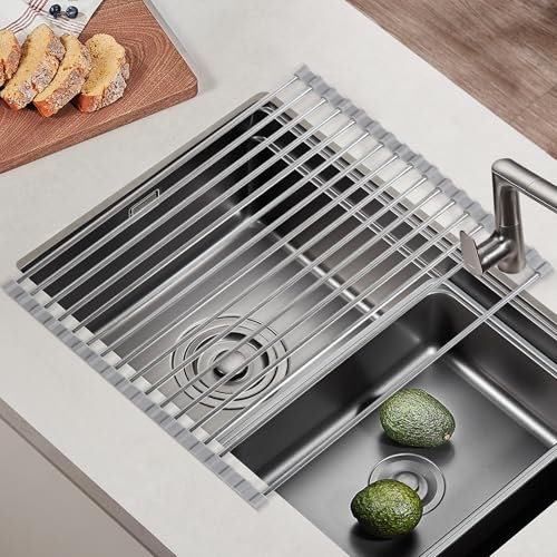 KingSaid Abtropfgestell Geschirr,Faltbare und Abnehmbare Geschirrabtropfgestell über Dem Spülbecken für Spüle Küchen Spülbecken Organizer,Abtropfmatte, Abtropfgitter spüle für Tassen (Grau)