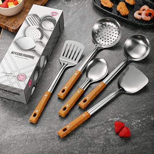 Stainless Steel Cooking Utensil Set – Slotted Spoon, Soup Ladle, Solid Spoon, Turner & Wok Shovel with Wooden Handles – Durable & Heat-Resistant Kitchen Tools