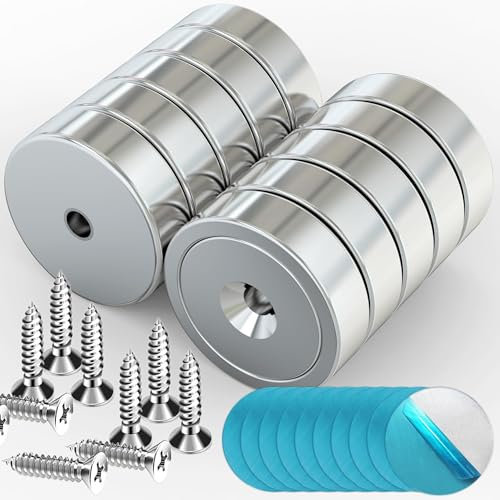 10Stück Magnete Neodym 25mm Magnet Stark Mit Loch - Extra Starke 20kg Magnetic Rund Starker Halt Magneten, Topfmagnet mit Flach Selbstklebend Metallplättchen (10Stück Magnet+10Stück Metallplättc)