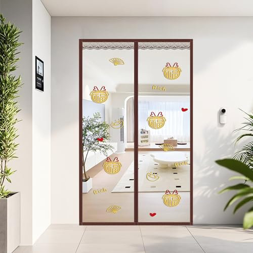 Magnetischer Fliegengitter-Türvorhang mit Diamant-Netz-Stickerei, 210 x 205 cm (B x H), verstärkter Fiberglas-Netzvorhang für Durchgangstür, Kastanienbraun