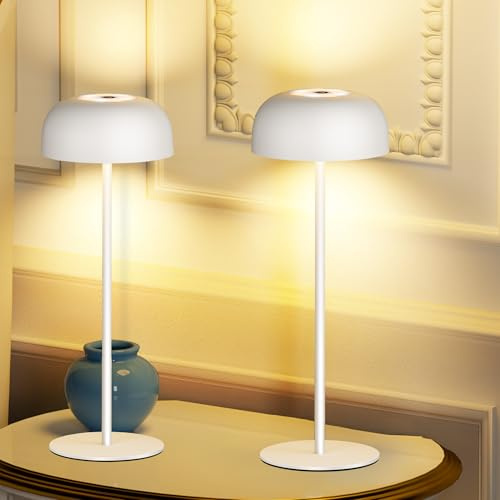 LuJasi LED Tischlampe Kabellos Dimmbar Akku, Kleine Tischlampe 3 Farbtemperatur, Nachttischlampe Kabellos Aufladbar Metall IP54 Für Outdoor Nachttisch Esstisch Schreibtisch weiß 2 Stücke