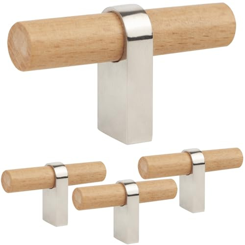 foxwake Schubladengriffe aus Holz, 4 Stück, natürliches Holz und Metall, für Küchenschrank, T-Griff für Schlafzimmer, Kommode, Schubladen (Einzelloch, 7,5 cm)