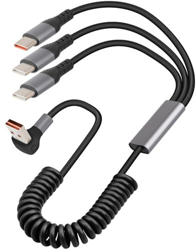 YANBORONSN 90 Grados USB A Splitter Spring Cable,ángulo Recto 3 en 1 en Espiral USB A a USB C Cable de Carga Rápida para el Teléfono,Tablet(1.6FT)