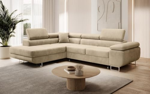 Luxusbetten24 Designer Sofa Aston mit Stauraum und Schlaffunktion | Bezug: Samt | Farbe: Beige | Stellvariante: Links