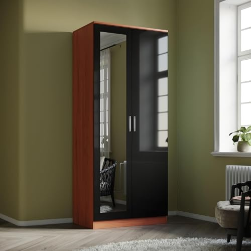 Comfy Living Modern 2-Door Wardrobe with Mirror, High Gloss Finish (Walnut/Black)