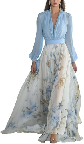Minetom Donna Vestiti Lunghi da Matrimonio Elegante Collo V Vestito A Pieghe Stampa Floreale Chiffon Abito Maxi Damigella Sera Cerimonia