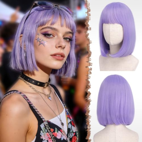 FESHFEN Viola Chiaro Parrucca Bob Corta con Frangia, 30cm Dritto Colorato Parrucche Corte Sintetiche Parrucches per Donna Partito Cosplay Costume Quotidiano Uso Carnevale Bob With Bangs