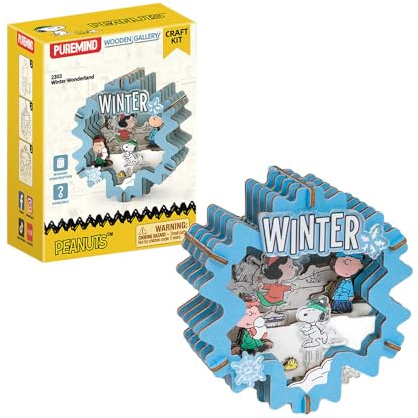 PUREMIND Snoopy Peanuts Winterwunderland, 3D-Holzpuzzle Miniatur-Holzmodell | Offiziell lizenziert, Snoopy-Geschenke, Winterwunderland, Schneeszene, DIY-Bausatz, Sammlermodell, Regale, Vitrinen, Holzdeko