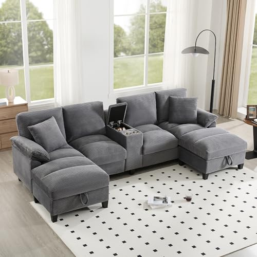 JCFEIDQW Wohnlandschaft U Form, Sofa mit Schlaffunktion, Großer Stauraum, übergroßem Cordstoff & 4 Kissen, Getränkehaltern aus Edelstahl, für Wohnzimmer, Wohnungen, 293x142x93cm (Grau)