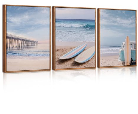 BINCUE 3 Stück Strand Meer Bidler Sommer,Wandbilder mit rahmen,Moderne Bilder Wohnzimmer,Leinwandbilder Uferansicht Feiertag Surfbrett,Küstenlandschaft Sommer Wanddeko Schlafzimmer(30x40cm)