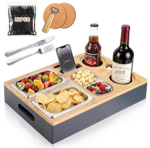 VERTOYCO Couchbar Snackbox, Sofa Tablett mit 3 Edelstahl-Schalen Holz Sofatablett mit Abnehmbarer Deckel Couch Butler Snackspender mit Handy- & Getränkehalter für Wohnzimmer Restaurant Picknick Party