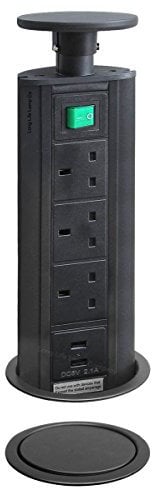 Pop-Up Socket with 2 USB Charging Port, Black Top, 3 UK Plug Sockets