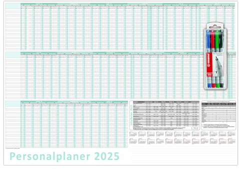 Urlaubsplaner/Personalplaner 2025 DIN B2 nass abwischbar inkl. Stifteset Format (500 x 700 mm) für bis zu 22 Mitarbeiter Januar Kalenderjahr bis März Folgejahr mit Schulferien (gerollt!)