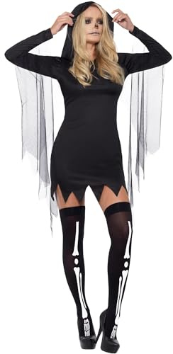 Smiffys Fever Sexy Reaper Costume, Black with Short Hooded Dress, Fever Fancy Dress, Halloween Dress Up Costumes