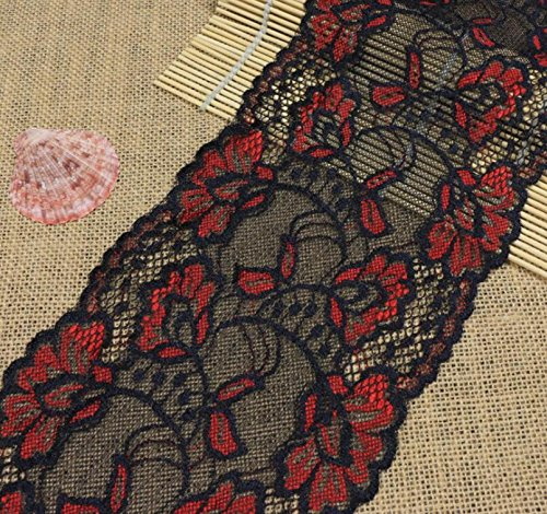 Yulakes 5 Yards Rot und Schwarz Spitzenborte Spitzenband Zierband Stretch Spitze Blume Borte Hochzeit lace Trim Deko Band,Handwerk, Schleifband 15cm Breite