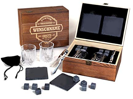 FORYOU24 Whisky Geschenk Box aus Holz mit Gravur des Namens Motiv Harley I 2 Whiskeygläser I 2 Schiefer-Untersetzer I 8 Kühlsteine + Zange I Geschenk für Männer I Geschenkidee