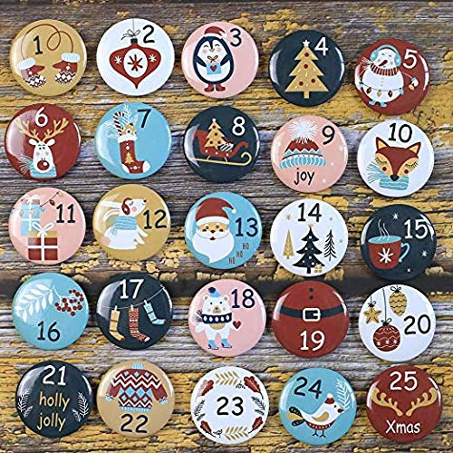 DAHI Adventskalender Zahlen Buttons Nummer 1-25zum Weihnachtskalender selber basteln für Jutesäckchen, Anstecker Nadeln (25bunt)