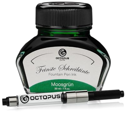 Octopus Fluids Füllhaltertinte im Tintenglas inklusive Konverter, Schreibtinte für Füllhalter, Füllertinte in Moosgrün 30ml mit Tintenkonverter