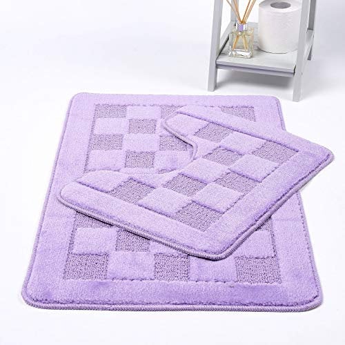 Night Zone Squares 2 Piece Bath Mat & Pedestal Set Non Slip Extra Absorbent Bathroom Toilet Rug Bath Mats Set (Lilac)