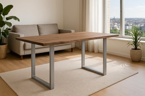 SAM Esszimmertisch 220x100 cm Laurina, Baumkantentisch aus Akazienholz, massiv + stonefarben, U-Metallgestell Silber, Esstisch mit echter Baumkante