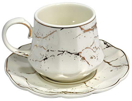 12-teilig Kaffeeservice Kaffee Serice Tassen Marmour Untertassen Fincan Takimi Marmor Design Motiv 3 Weiß