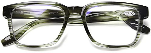 DOOViC Blaulichtfilter Lesebrille Gestreift Grün Quadratische Rahmen Groß Gläser Computerbrille Brille mit Sehstärke für Damen/Herren 1,0