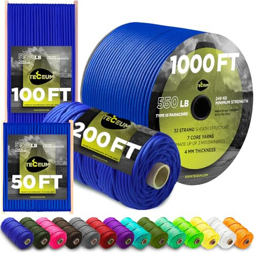 TECEUM Paracord Type III 550 Simple Blue – 30 m – 4mm – Tactical Rope MIL-SPEC – Outdoor Para Cord – Camping Hiking Fishing Gear and Equipment – EDC Parachute Cord – Strong Survival Rope (100ft) 001