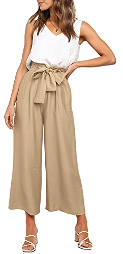 FANCYINN Damen 2 teiliges Crop Pants Set mit weitem Bein Wide Strap V-Ausschnitt Tank High Waist Cropped Paper Bag Hose mit Gürtel Khaki M