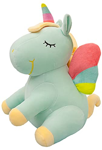 Hockendes Sitzendes Einhorn Stofftier Spielzeug Niedliches weiches Einhorn Plüsch Umarmungskissen mit Regenbogenflügeln Kawaii Spielzeug für Kinder Mädchen (grün, 25 cm)