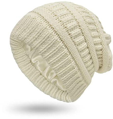 Hcimooy Winter Warm Strickmütze Satin Seide gefüttert Zopfmuster Beanie Chunky Slouchy Skull Cap für Damen (Beige)