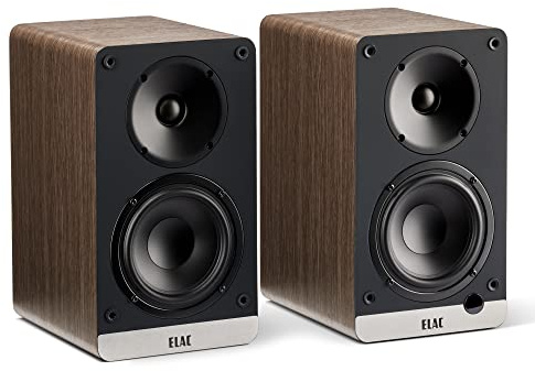 ELAC Debut ConneX - Altavoces de estantería alimentados de 4-1/2 Pulgadas con HDMI ARC, par de Altavoces de estantería para Sistema de Entretenimiento en el hogar, Nogal