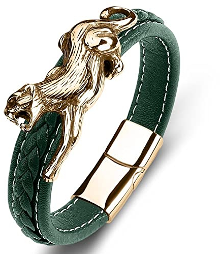 LIRU Armband Damen,Lederarmbänder Für Männer Black Panther Form Geflochtenes Lederarmband Goldene Modeaccessoires Schnalle Grünes Lederarmband Charm Schmuck Für Frauen Männer Geschenk 185Mm