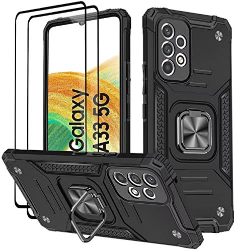 KANSi Hülle für Samsung Galaxy A33 5G, Schutzfolie [2 Stück] Silikon TPU Hart PC Handy Hüllen 360 Grad Drehbar Ringhalter Bumper Stoßdämpfung Schutzhülle - Schwarz