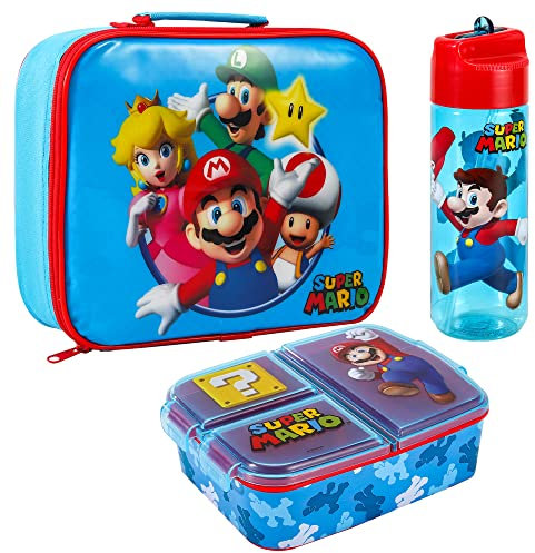 Zawadi Global Super Mario,Set di scatole per il pranzo per bambini, borsa per il pranzo isolata, scatola per il pranzo multiscomparto e bottiglia d'acqua da 540 ml, per il pranzo, senza BPA