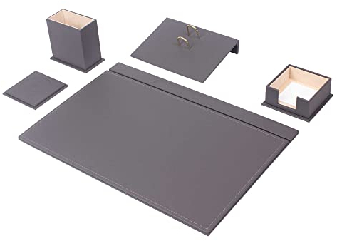 Schreibtisch-Set aus grauem Leder – Schreibtischunterlage – Notizpapierhalter – Stifthalter – Lederuntersetzer – Schreibtischzubehör – Schreibtisch-Organizer – Schreibtischzubehör
