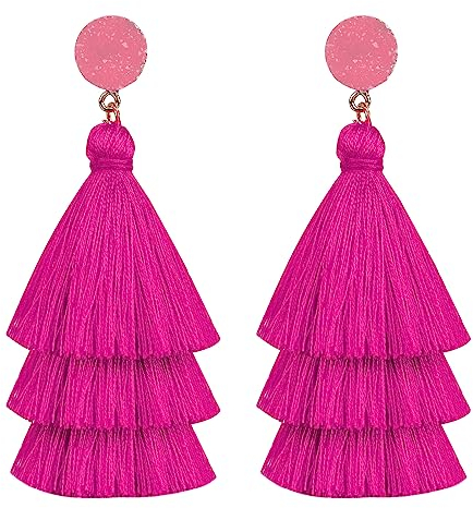 Orecchini Lunghi con Nappa a Strati Boho Orecchini Etnici con Filo di Nappa a Strati Orecchini Pendenti con Nappe Rosa Rossa Donna Ragazze